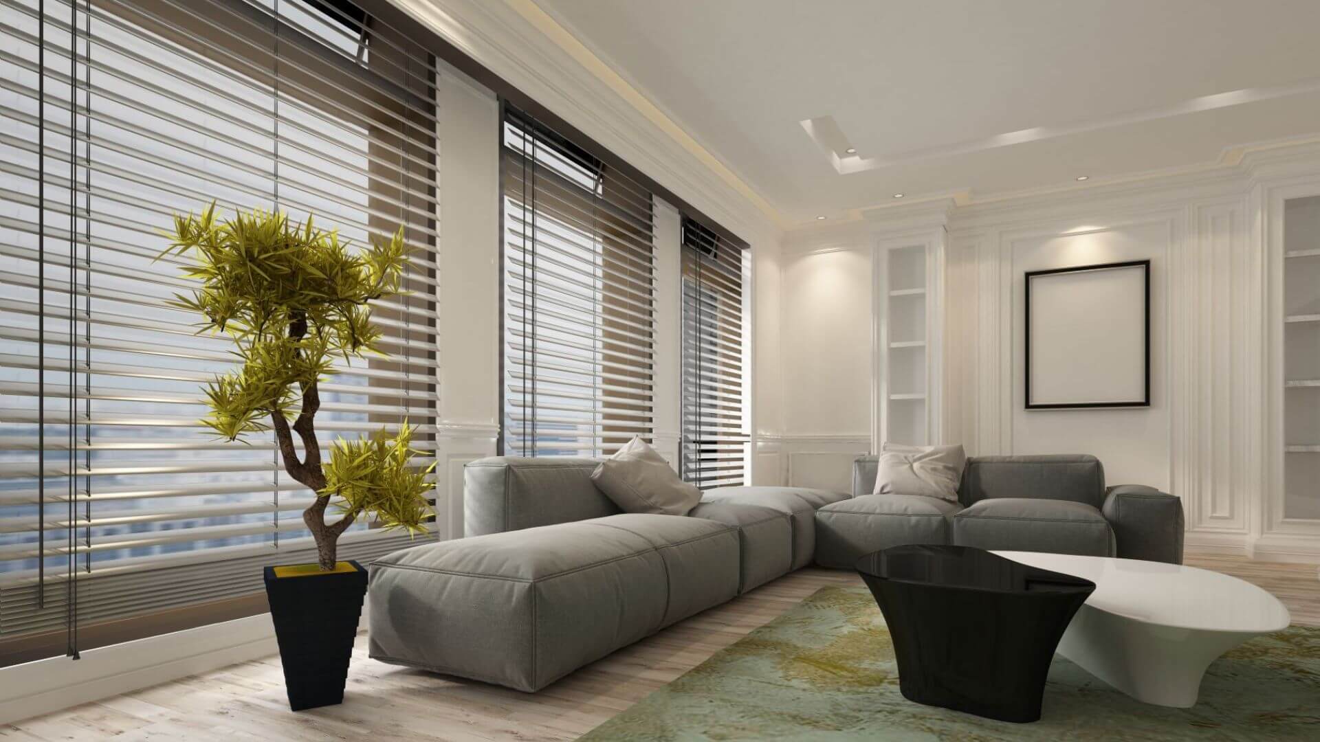 Modern living room with elegant window blinds